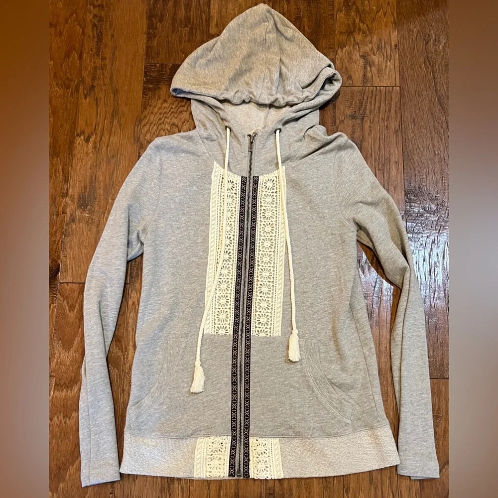 Hem & Thread Heather Gray Lace-Trim Zip Hoodie Jacket Feminine Boho NWT